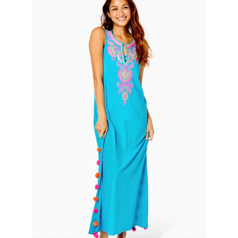 Lilly Pulitzer Blue Embroidered Pom Pom‎ Maxi Dress Sleeveless Cover Up Small - Picture 2 of 9